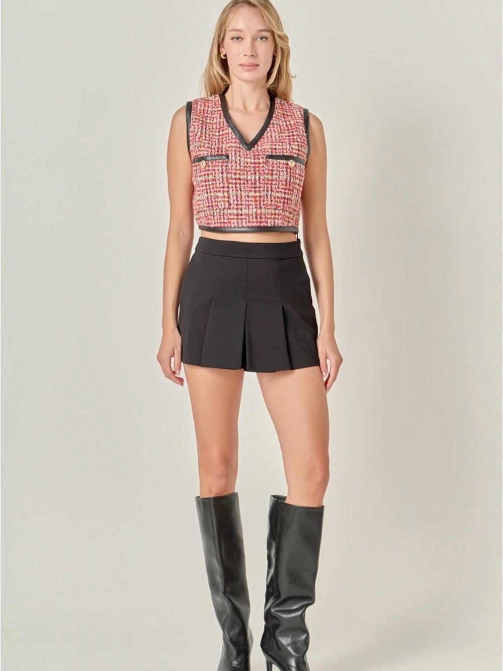 English Factory Pink Tweed V-Neck Cropped Shell with Black Trim